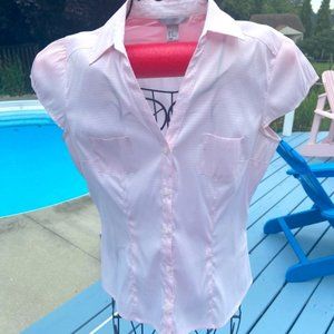 🎀 3 for $45 H&M Pink Micro-Gingham Blouse with Cap Sleeves Size 12 EUC